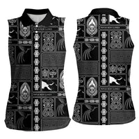 Papua New Guinea Heritage Motif Women Sleeveless Polo Shirt Black Version LT05 - Polynesian Pride
