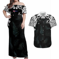 Custom New Zealand Fern Women Rugby Couples Matching Off Shoulder Maxi Dress and Hawaiian Shirt Maori Pattern LT05 Black - Polynesian Pride