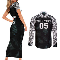 Custom New Zealand Fern Women Rugby Couples Matching Short Sleeve Bodycon Dress and Long Sleeve Button Shirt Maori Pattern LT05 - Polynesian Pride