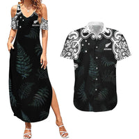 Custom New Zealand Fern Women Rugby Couples Matching Summer Maxi Dress and Hawaiian Shirt Maori Pattern LT05 Black - Polynesian Pride