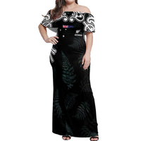 Custom New Zealand Fern Women Rugby Off Shoulder Maxi Dress Maori Pattern LT05 Women Black - Polynesian Pride