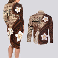 Samoa Teuila 2024 Couples Matching Long Sleeve Bodycon Dress and Long Sleeve Button Shirt Samoan Siapo Pattern Brown Version LT05 - Polynesian Pride
