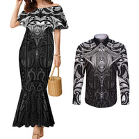 New Zealand Aotearoa Couples Matching Mermaid Dress and Long Sleeve Button Shirt Maori Manta Ray Moko Black - Polynesian Pride