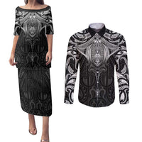 New Zealand Aotearoa Couples Matching Puletasi and Long Sleeve Button Shirt Maori Manta Ray Moko Black - Polynesian Pride