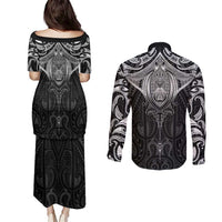 New Zealand Aotearoa Couples Matching Puletasi and Long Sleeve Button Shirt Maori Manta Ray Moko Black - Polynesian Pride