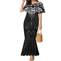 New Zealand Aotearoa Family Matching Mermaid Dress and Hawaiian Shirt Maori Manta Ray Moko Black LT05 Mom's Dress Black - Polynesian Pride