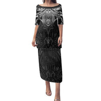 New Zealand Aotearoa Family Matching Puletasi and Hawaiian Shirt Maori Manta Ray Moko Black - Polynesian Pride