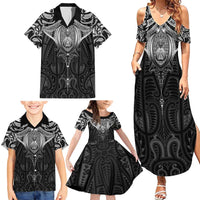 New Zealand Aotearoa Family Matching Summer Maxi Dress and Hawaiian Shirt Maori Manta Ray Moko Black LT05 - Polynesian Pride