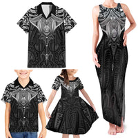 New Zealand Aotearoa Family Matching Tank Maxi Dress and Hawaiian Shirt Maori Manta Ray Moko Black LT05 - Polynesian Pride