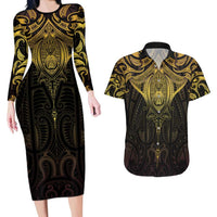 New Zealand Aotearoa Couples Matching Long Sleeve Bodycon Dress and Hawaiian Shirt Maori Manta Ray Moko Gold LT05 Gold - Polynesian Pride
