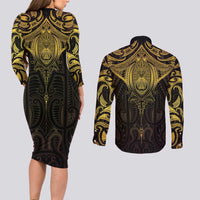 New Zealand Aotearoa Couples Matching Long Sleeve Bodycon Dress and Long Sleeve Button Shirt Maori Manta Ray Moko Gold LT05 - Polynesian Pride