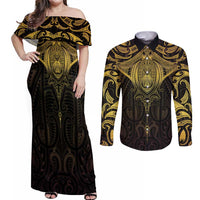 New Zealand Aotearoa Couples Matching Off Shoulder Maxi Dress and Long Sleeve Button Shirt Maori Manta Ray Moko Gold LT05 Gold - Polynesian Pride