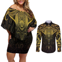 New Zealand Aotearoa Couples Matching Off Shoulder Short Dress and Long Sleeve Button Shirt Maori Manta Ray Moko Gold LT05 Gold - Polynesian Pride