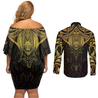 New Zealand Aotearoa Couples Matching Off Shoulder Short Dress and Long Sleeve Button Shirt Maori Manta Ray Moko Gold LT05 - Polynesian Pride