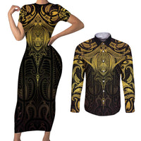 New Zealand Aotearoa Couples Matching Short Sleeve Bodycon Dress and Long Sleeve Button Shirt Maori Manta Ray Moko Gold LT05 Gold - Polynesian Pride