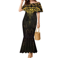 New Zealand Aotearoa Family Matching Mermaid Dress and Hawaiian Shirt Maori Manta Ray Moko Gold LT05 Mom's Dress Gold - Polynesian Pride