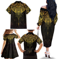 New Zealand Aotearoa Family Matching Off The Shoulder Long Sleeve Dress and Hawaiian Shirt Maori Manta Ray Moko Gold LT05 - Polynesian Pride