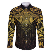 New Zealand Aotearoa Family Matching Off The Shoulder Long Sleeve Dress and Hawaiian Shirt Maori Manta Ray Moko Gold LT05 Dad's Shirt - Long Sleeve Gold - Polynesian Pride