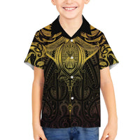 New Zealand Aotearoa Family Matching Off The Shoulder Long Sleeve Dress and Hawaiian Shirt Maori Manta Ray Moko Gold LT05 Son's Shirt Gold - Polynesian Pride
