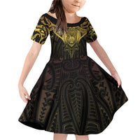 New Zealand Aotearoa Family Matching Off Shoulder Short Dress and Hawaiian Shirt Maori Manta Ray Moko Gold LT05 Daughter's Dress Gold - Polynesian Pride
