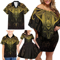 New Zealand Aotearoa Family Matching Off Shoulder Short Dress and Hawaiian Shirt Maori Manta Ray Moko Gold LT05 - Polynesian Pride