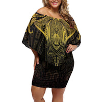 New Zealand Aotearoa Family Matching Off Shoulder Short Dress and Hawaiian Shirt Maori Manta Ray Moko Gold LT05 Mom's Dress Gold - Polynesian Pride