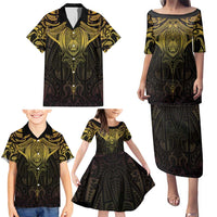New Zealand Aotearoa Family Matching Puletasi and Hawaiian Shirt Maori Manta Ray Moko Gold LT05 - Polynesian Pride