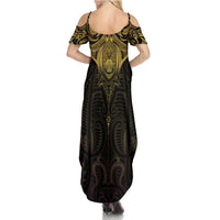 New Zealand Aotearoa Family Matching Summer Maxi Dress and Hawaiian Shirt Maori Manta Ray Moko Gold LT05 - Polynesian Pride