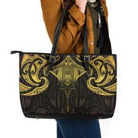 New Zealand Aotearoa Leather Tote Bag Maori Manta Ray Moko Gold - Polynesian Pride