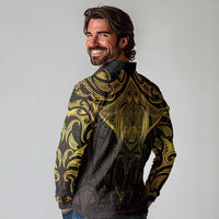 New Zealand Aotearoa Long Sleeve Polo Shirt Maori Manta Ray Moko Gold - Polynesian Pride
