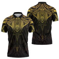 New Zealand Aotearoa Zipper Polo Shirt Maori Manta Ray Moko Gold - Polynesian Pride