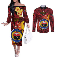 Personalized Papua New Guinea Gulf Province Couples Matching Off The Shoulder Long Sleeve Dress and Long Sleeve Button Shirts Mix Coat Of Arms Polynesian Pattern LT05 Red - Polynesian Pride