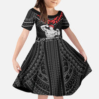 Custom Samoa Wrestling Family Matching Off The Shoulder Long Sleeve Dress and Hawaiian Shirt Samoan Wrestler Ulafala Style LT05 Daughter's Dress Black - Polynesian Pride