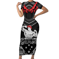Custom Samoa Wrestling Family Matching Short Sleeve Bodycon Dress and Hawaiian Shirt Samoan Wrestler Ulafala Style LT05 Mom's Dress Black - Polynesian Pride