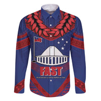 Personalised FAST Party Samoa Family Matching Off The Shoulder Long Sleeve Dress and Hawaiian Shirt Samoan Coat Of Arms Ulafala Style LT05 Dad's Shirt - Long Sleeve Blue - Polynesian Pride
