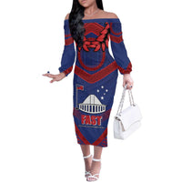 Personalised FAST Party Samoa Family Matching Off The Shoulder Long Sleeve Dress and Hawaiian Shirt Samoan Coat Of Arms Ulafala Style LT05 Mom's Dress Blue - Polynesian Pride