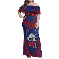 Personalised FAST Party Samoa Family Matching Off Shoulder Maxi Dress and Hawaiian Shirt Samoan Coat Of Arms Ulafala Style LT05 Mom's Dress Blue - Polynesian Pride