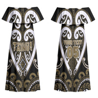 Custom Aotearoa Waikato Tainui Family Matching Off Shoulder Maxi Dress and Hawaiian Shirt Maori Tribal Pattern LT05 Mom's Dress Dark Yellow - Polynesian Pride
