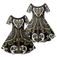 Custom Aotearoa Waikato Tainui Family Matching Off Shoulder Maxi Dress and Hawaiian Shirt Maori Tribal Pattern LT05 Daughter's Dress Dark Yellow - Polynesian Pride
