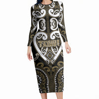 Custom Aotearoa Waikato Tainui Long Sleeve Bodycon Dress Maori Tribal Pattern LT05 Long Dress Dark Yellow - Polynesian Pride