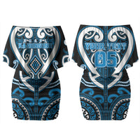 Custom Aotearoa Ngati Kahungunu Family Matching Off Shoulder Short Dress and Hawaiian Shirt Maori Tribal Pattern LT05 Mom's Dress Blue - Polynesian Pride