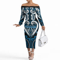 Custom Aotearoa Ngati Kahungunu Off The Shoulder Long Sleeve Dress Maori Tribal Pattern LT05 Women Blue - Polynesian Pride