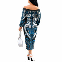 Custom Aotearoa Ngati Kahungunu Off The Shoulder Long Sleeve Dress Maori Tribal Pattern LT05 - Polynesian Pride