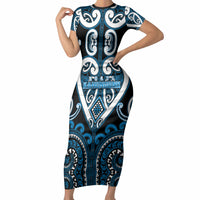 Custom Aotearoa Ngati Kahungunu Short Sleeve Bodycon Dress Maori Tribal Pattern LT05 Long Dress Blue - Polynesian Pride