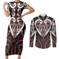 Custom Aotearoa Te Arawa Couples Matching Short Sleeve Bodycon Dress and Long Sleeve Button Shirt Maori Tribal Pattern LT05 Red - Polynesian Pride