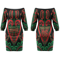 Custom Aotearoa Ngai Tuhoe Couples Matching Off The Shoulder Long Sleeve Dress and Long Sleeve Button Shirt Maori Tribal Pattern