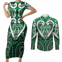 Custom Aotearoa Ngati Maniapoto Couples Matching Short Sleeve Bodycon Dress and Long Sleeve Button Shirt Maori Tribal Pattern LT05 Green - Polynesian Pride