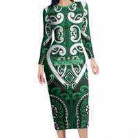 Custom Aotearoa Ngati Maniapoto Long Sleeve Bodycon Dress Maori Tribal Pattern LT05 Long Dress Green - Polynesian Pride