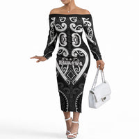Custom Aotearoa Ngati Raukawa Off The Shoulder Long Sleeve Dress Maori Tribal Pattern LT05 Women Black - Polynesian Pride