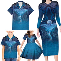 Polynesia Manta Ray Family Matching Long Sleeve Bodycon Dress and Hawaiian Shirt Let's The Sea Set You Free LT05 - Polynesian Pride